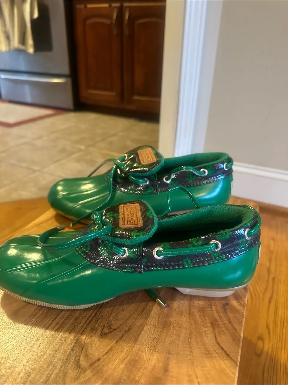 Sperry Green Waterproof Duck Boots with Anchor Print perfect for Alaska cruise.